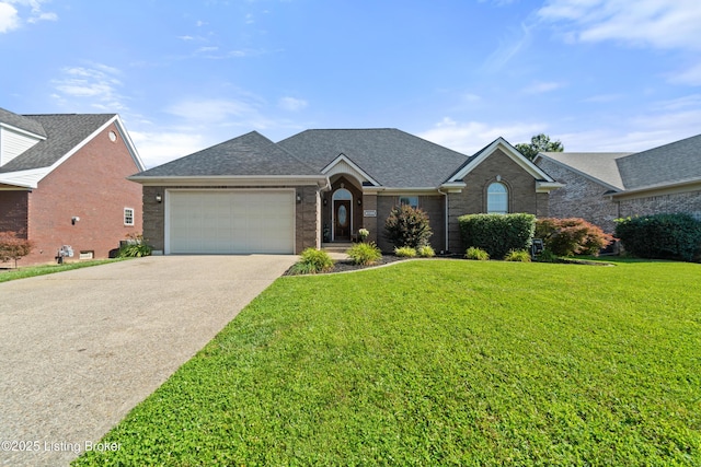 5613 Grandel Blvd, Louisville, KY 40258 - view of front of house with concrete driveway, a garage, a front yard, brick siding, and a shingled roof
