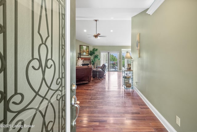 1126 Lagrange Rd, New Castle, KY 40050 - entryway featuring a fireplace, a ceiling fan, dark wood finished floors, vaulted ceiling, and recessed lighting