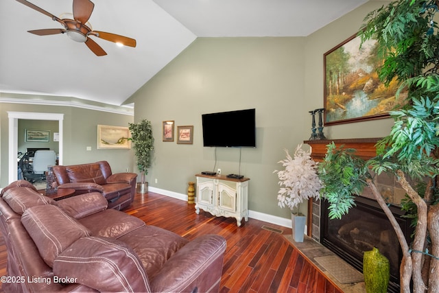 1126 Lagrange Rd, New Castle, KY 40050 - living area with ceiling fan, vaulted ceiling, wood finished floors, and a fireplace with flush hearth
