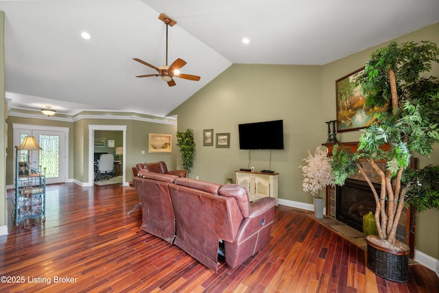 1126 Lagrange Rd, New Castle, KY 40050 - living area featuring a ceiling fan, wood finished floors, lofted ceiling, a fireplace, and recessed lighting