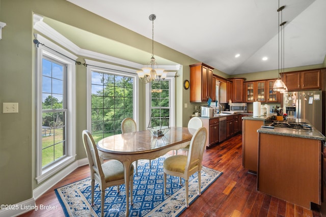 1126 Lagrange Rd, New Castle, KY 40050 - dining area with healthy amount of natural light, recessed lighting, a chandelier, dark wood-style floors, and vaulted ceiling