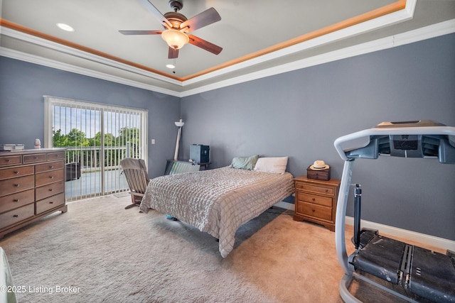 1126 Lagrange Rd, New Castle, KY 40050 - bedroom featuring a tray ceiling, crown molding, carpet flooring, access to outside, and ceiling fan