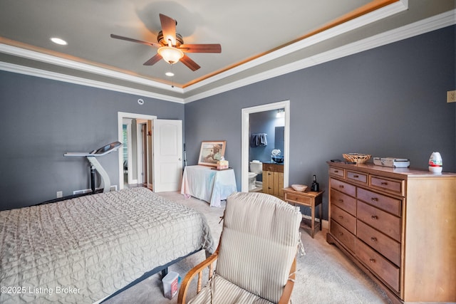 1126 Lagrange Rd, New Castle, KY 40050 - bedroom with a raised ceiling, crown molding, light colored carpet, ensuite bath, and recessed lighting