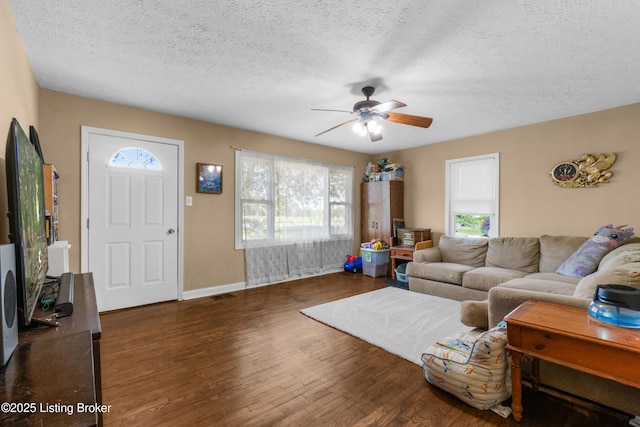 1255 Holy Cross Rd, Loretto, KY 40037 - living room featuring wood finished floors, healthy amount of natural light, ceiling fan, and a textured ceiling