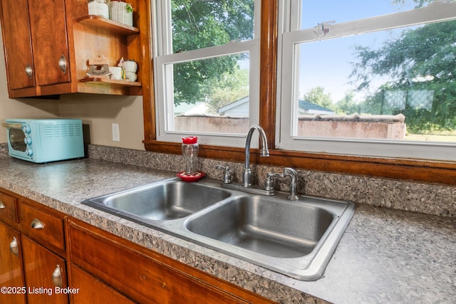 1255 Holy Cross Rd, Loretto, KY 40037 - kitchen with open shelves and brown cabinetry