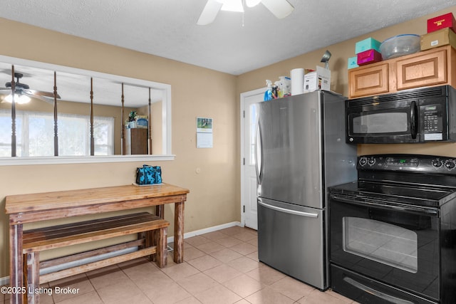 1255 Holy Cross Rd, Loretto, KY 40037 - kitchen featuring black appliances, ceiling fan, light tile patterned floors, and a textured ceiling