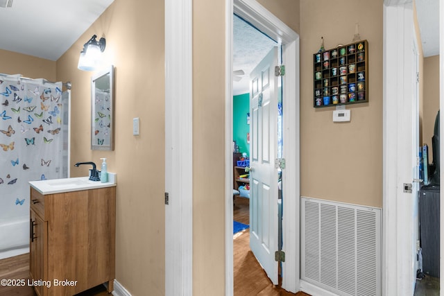 1255 Holy Cross Rd, Loretto, KY 40037 - full bath with vanity, wood finished floors, and a shower with curtain