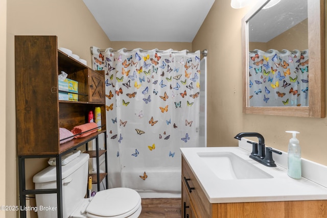 1255 Holy Cross Rd, Loretto, KY 40037 - bathroom with vanity, shower / bath combo with shower curtain, and wood finished floors
