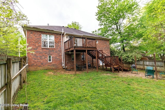 9829 Galene Dr, Jeffersontown, KY 40299 - rear view of house featuring a wooden deck, stairs, a fenced backyard, and brick siding