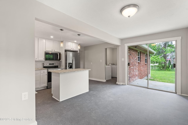 9715 Shady Acres Ln, Jeffersontown, KY 40299 - kitchen with stainless steel appliances, white cabinets, decorative backsplash, dark colored carpet, and recessed lighting