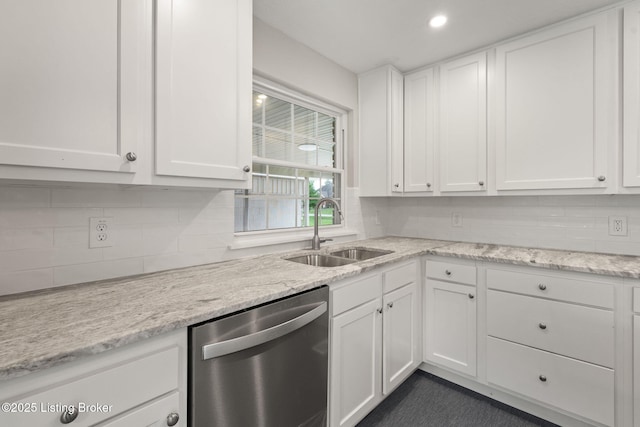 9715 Shady Acres Ln, Jeffersontown, KY 40299 - kitchen with dishwasher, white cabinets, decorative backsplash, recessed lighting, and light stone counters