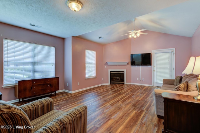 6813 Casey Pl, Louisville, KY 40229 - living area with ceiling fan, wood finished floors, vaulted ceiling, and a glass covered fireplace