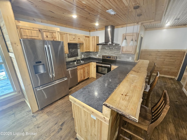 409 Woodhaven Ln, Leitchfield, KY 42754 - kitchen with appliances with stainless steel finishes, wall chimney range hood, light brown cabinets, dark countertops, and a peninsula