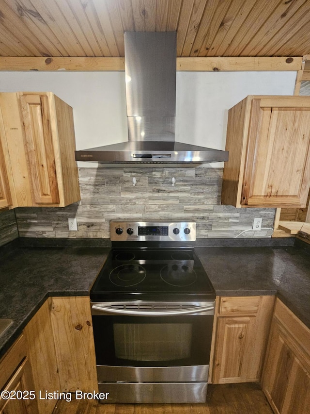 409 Woodhaven Ln, Leitchfield, KY 42754 - kitchen featuring stainless steel range with electric stovetop, wall chimney exhaust hood, dark countertops, backsplash, and wooden ceiling