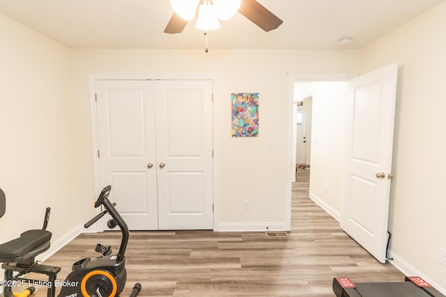 414 Turnberry Ct, Vine Grove, KY 40175 - workout area featuring ceiling fan and light wood-style flooring