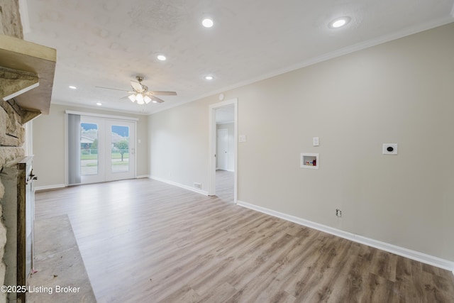 5105 Kilmer Blvd, Louisville, KY 40213 - unfurnished living room featuring ceiling fan, light wood finished floors, a stone fireplace, recessed lighting, and ornamental molding