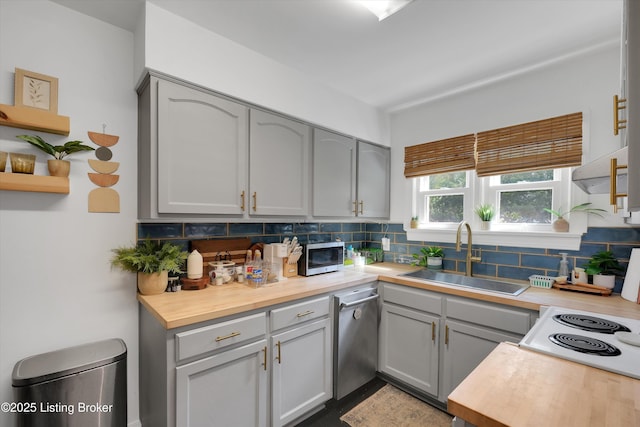312 Norbourne Blvd, Louisville, KY 40207 - kitchen with appliances with stainless steel finishes, gray cabinets, tasteful backsplash, and wood counters