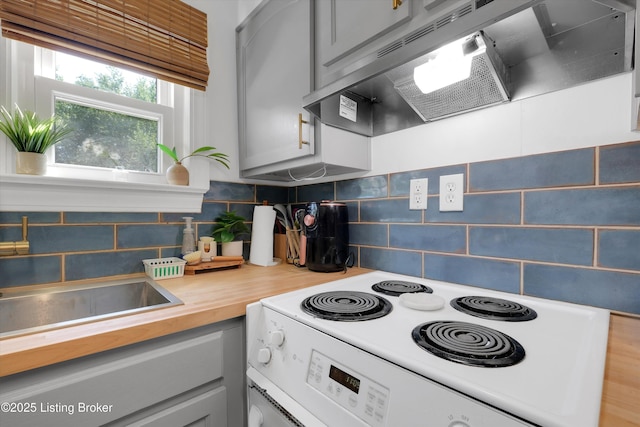 312 Norbourne Blvd, Louisville, KY 40207 - kitchen featuring white electric range, decorative backsplash, extractor fan, and gray cabinets