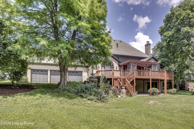7202 Doe Crest Ct, Prospect, KY 40059 - back of house featuring stairs, a deck, a chimney, a garage, and a yard