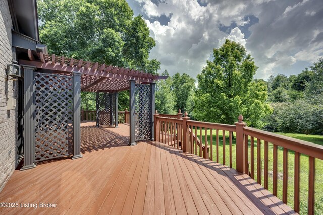 7202 Doe Crest Ct, Prospect, KY 40059 - wooden deck with a lawn, a pergola, and view of wooded area