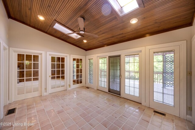7202 Doe Crest Ct, Prospect, KY 40059 - unfurnished sunroom featuring a skylight, wooden ceiling, vaulted ceiling, tile patterned flooring, and french doors