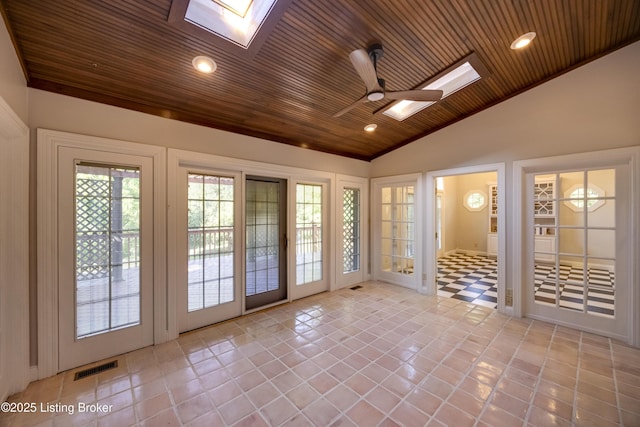 7202 Doe Crest Ct, Prospect, KY 40059 - spare room with wooden ceiling, a skylight, vaulted ceiling, a ceiling fan, and light tile patterned floors