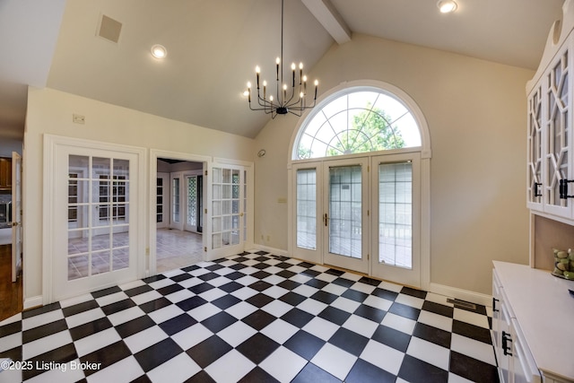 7202 Doe Crest Ct, Prospect, KY 40059 - unfurnished dining area featuring french doors, tile patterned floors, beam ceiling, a chandelier, and high vaulted ceiling