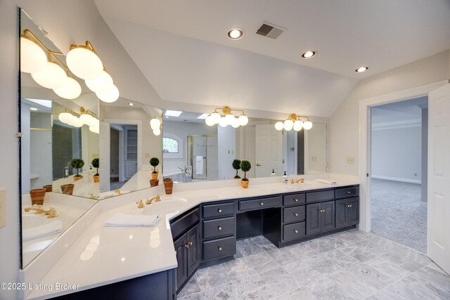 7202 Doe Crest Ct, Prospect, KY 40059 - full bath with vaulted ceiling, double vanity, recessed lighting, and a shower