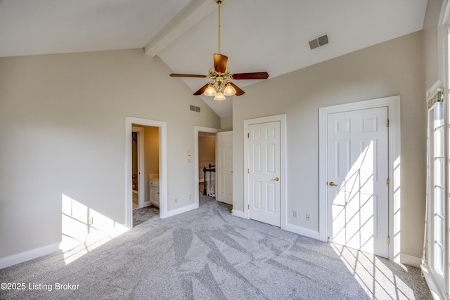 7202 Doe Crest Ct, Prospect, KY 40059 - unfurnished bedroom featuring beam ceiling, carpet floors, high vaulted ceiling, and connected bathroom