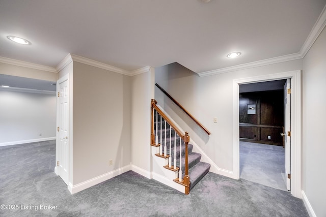 7202 Doe Crest Ct, Prospect, KY 40059 - staircase featuring carpet and crown molding