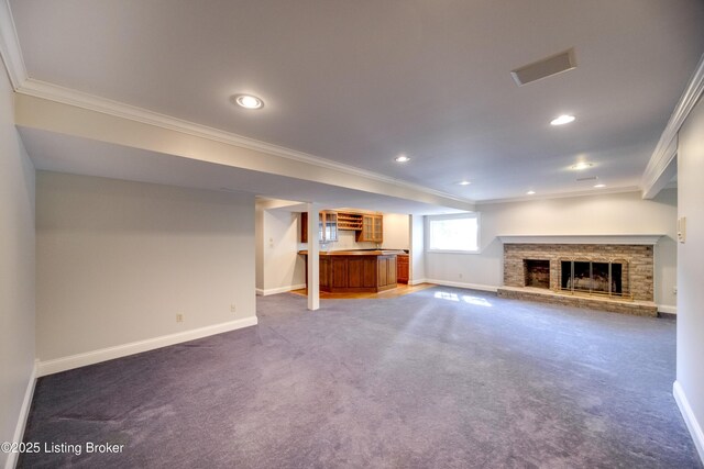 7202 Doe Crest Ct, Prospect, KY 40059 - unfurnished living room featuring crown molding, carpet floors, bar, a fireplace, and recessed lighting