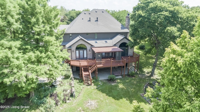 7202 Doe Crest Ct, Prospect, KY 40059 - rear view of property with a deck, stairway, a lawn, a chimney, and french doors