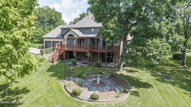 7202 Doe Crest Ct, Prospect, KY 40059 - rear view of house featuring a deck, a lawn, stairs, a garage, and a patio