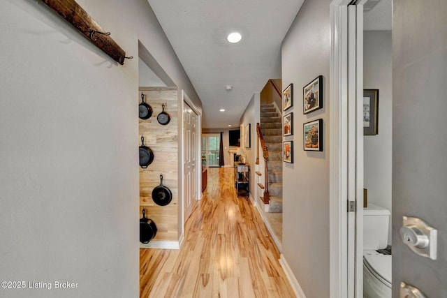 5503 Forest Lake Dr, Prospect, KY 40059 - hallway with light wood-style flooring, recessed lighting, and stairway