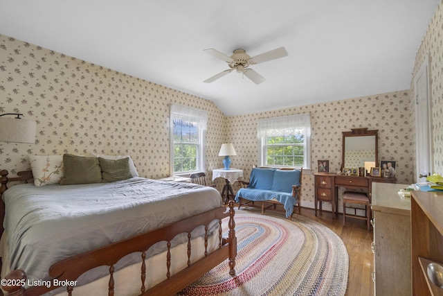 2628 Landor Ave, Louisville, KY 40205 - bedroom featuring wallpapered walls, light wood-style flooring, a ceiling fan, and lofted ceiling