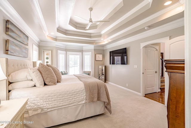 17503 Polo Run Ln, Louisville, KY 40245 - carpeted bedroom featuring ornamental molding, a raised ceiling, decorative columns, arched walkways, and ceiling fan