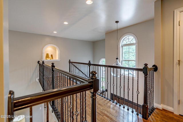 17503 Polo Run Ln, Louisville, KY 40245 - hall with an upstairs landing, wood finished floors, and recessed lighting