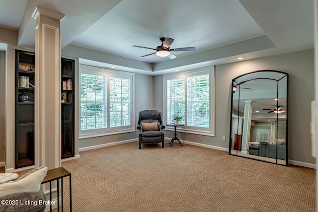 17503 Polo Run Ln, Louisville, KY 40245 - living area with ceiling fan, decorative columns, carpet flooring, a raised ceiling, and recessed lighting