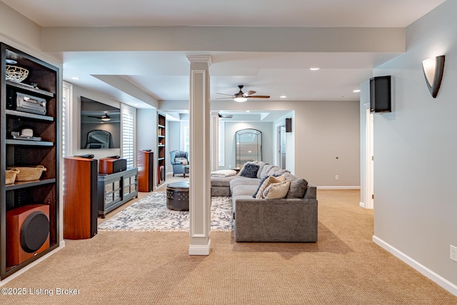 17503 Polo Run Ln, Louisville, KY 40245 - living room featuring ornate columns, light carpet, ceiling fan, and recessed lighting