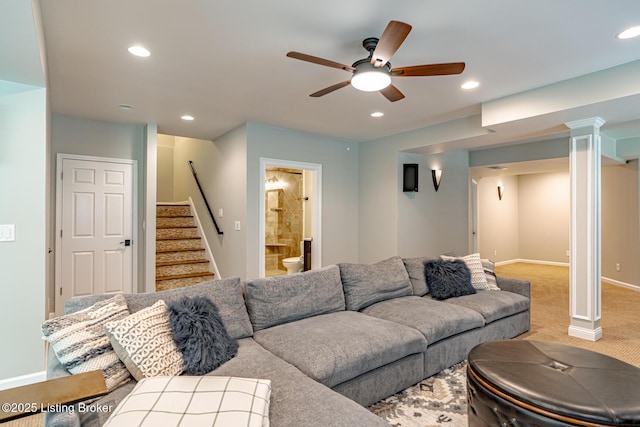 17503 Polo Run Ln, Louisville, KY 40245 - carpeted living room featuring stairway, a ceiling fan, recessed lighting, and ornate columns
