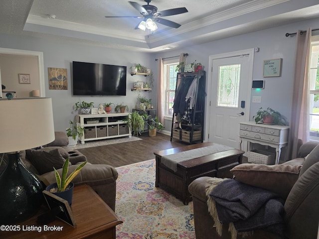 306 Butler Dr, Bardstown, KY 40004 - living area with a raised ceiling, crown molding, a ceiling fan, and wood finished floors