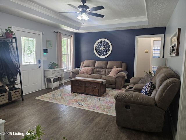 306 Butler Dr, Bardstown, KY 40004 - living area featuring a raised ceiling, wood finished floors, a ceiling fan, a textured ceiling, and ornamental molding