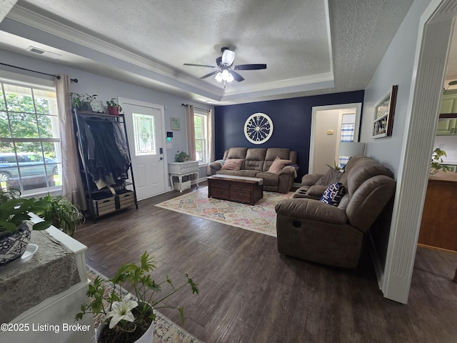 306 Butler Dr, Bardstown, KY 40004 - living room with a raised ceiling, a textured ceiling, wood finished floors, ceiling fan, and ornamental molding