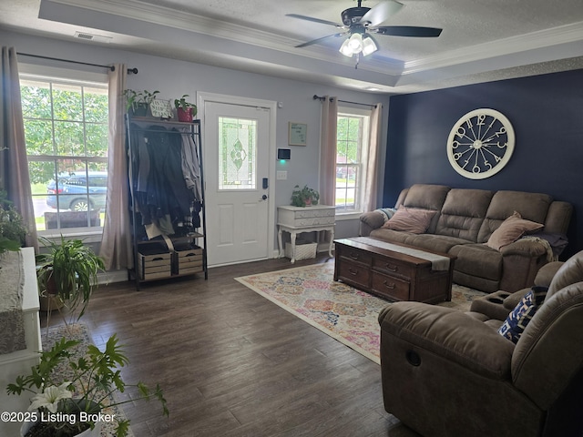 306 Butler Dr, Bardstown, KY 40004 - living area with a tray ceiling, crown molding, dark wood-style floors, and ceiling fan
