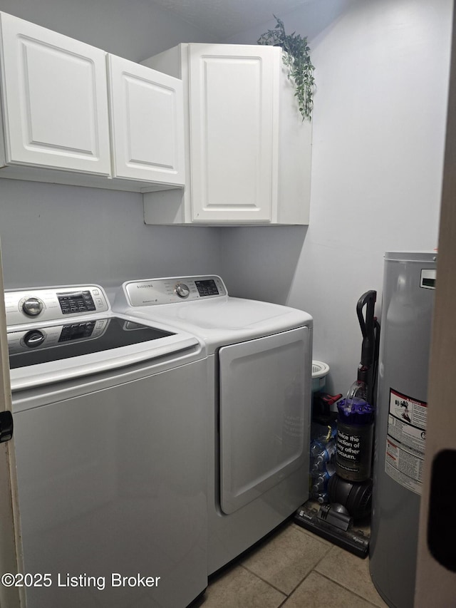 306 Butler Dr, Bardstown, KY 40004 - laundry area featuring cabinet space, electric water heater, independent washer and dryer, and tile patterned flooring