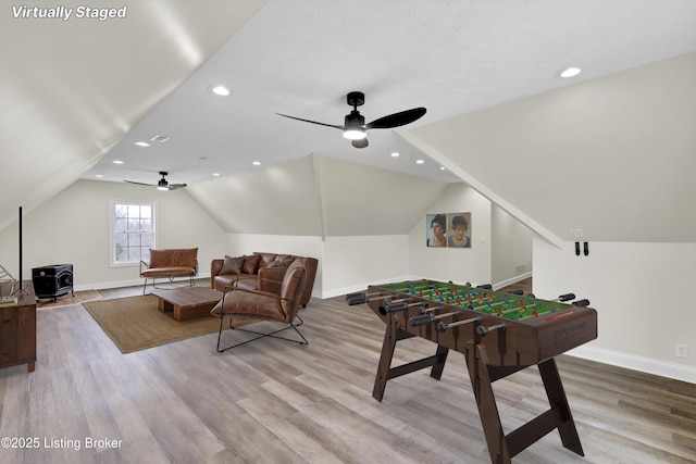 3107 Salt Lick Rd, Crestwood, KY 40014 - playroom featuring a ceiling fan, wood finished floors, lofted ceiling, and recessed lighting