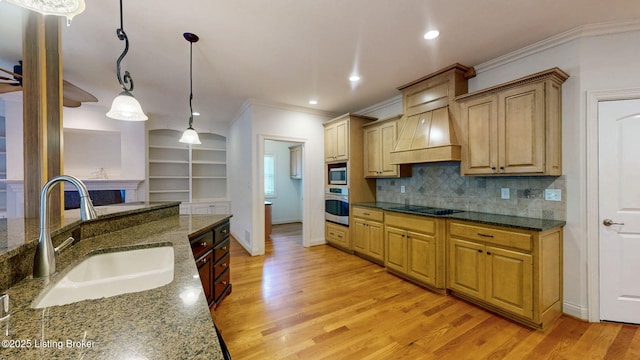 5407 Merribrook Ln, Prospect, KY 40059 - kitchen featuring ornamental molding, appliances with stainless steel finishes, pendant lighting, tasteful backsplash, and light wood-style flooring