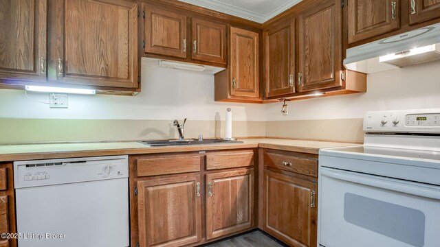 3030 Breckenridge Ln Apt 201, Louisville, KY 40220 - kitchen featuring white appliances, under cabinet range hood, light countertops, and brown cabinetry