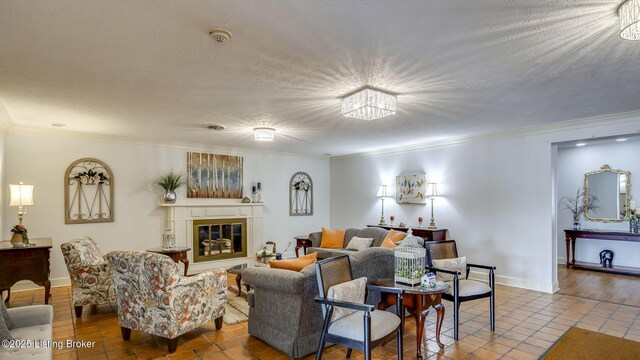 3030 Breckenridge Ln Apt 201, Louisville, KY 40220 - living area featuring crown molding, a glass covered fireplace, tile patterned floors, and a textured ceiling