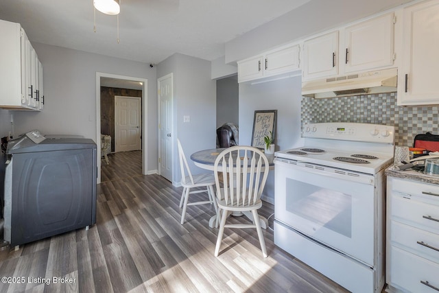 469 Ardmore Ln, Shelbyville, KY 40065 - kitchen featuring white range with electric cooktop, under cabinet range hood, washing machine and dryer, wood finished floors, and white cabinets